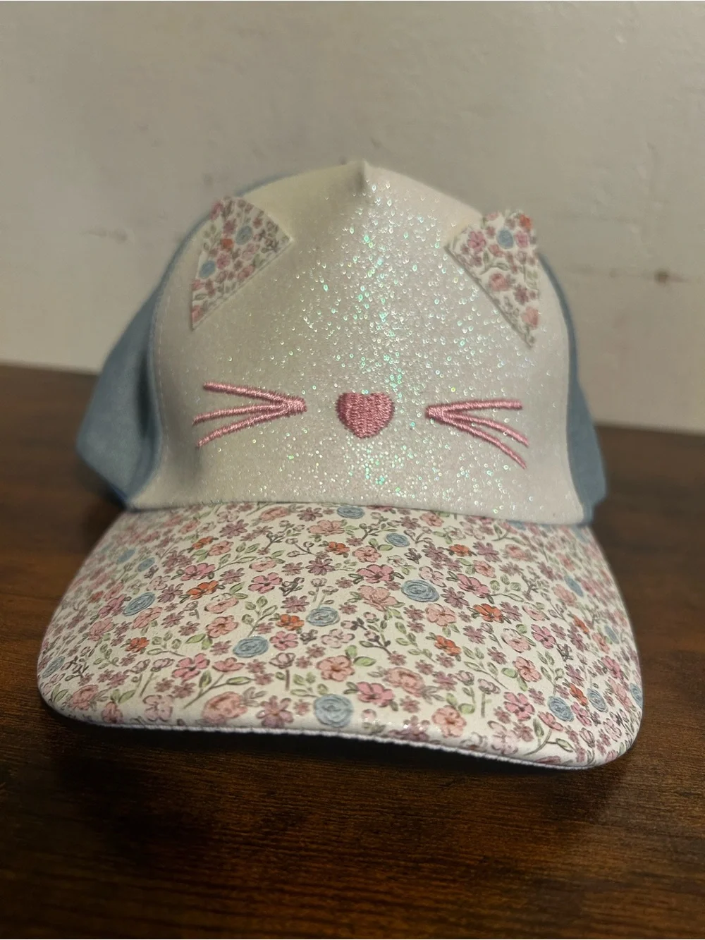 Capelli New York Toddler Girls Cat Face Glitter Floral Denim Baseball Hat 2T-4T